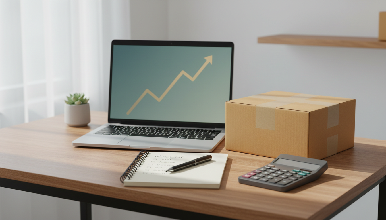 A seller's desk with a laptop chart, a product sample box, a calculator and a checklist